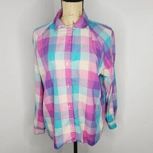 Vintage 70s Pink Purple Colorful Plaid Button Down Shirt Layering Casual
